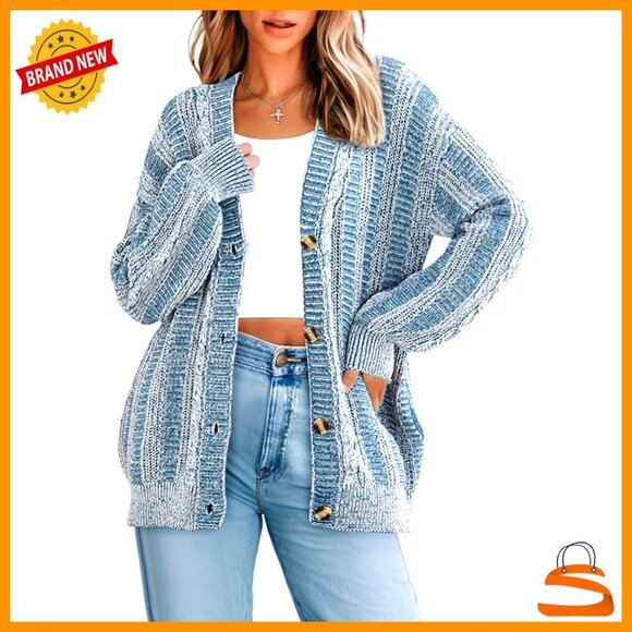 Sweaters - Chunky Knit Cardigan Sweater Long Sleeve V Neck Open Front Button Down